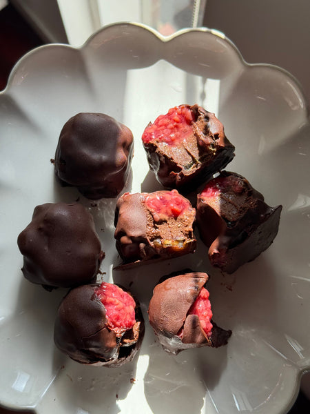 Hormone-Loving Raspberry Brownie Date Bites (With Female Elixir Chocolate)