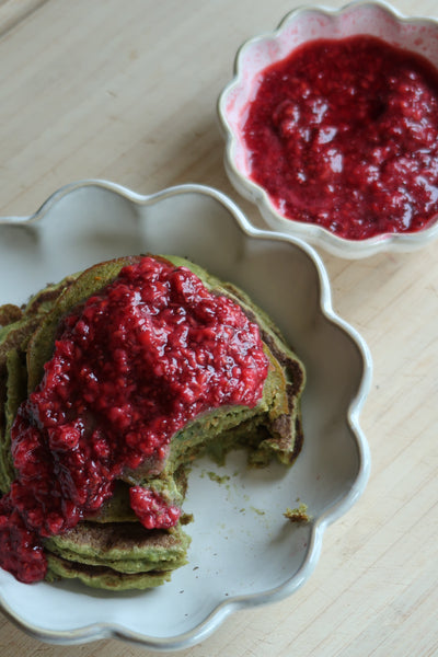 Matcha Wholemeal Pancakes with Berry Compote (Hormone-Loving Breakfast Recipe)